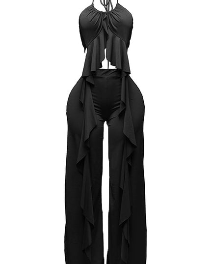 Ruffled open back tie halter top with wide leg elastic waistband pant set