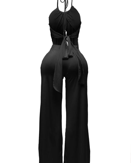 Ruffled open back tie halter top with wide leg elastic waistband pant set