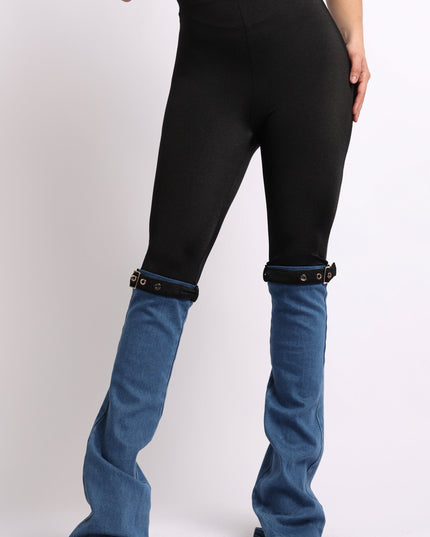 Buckle Detailed Denim Contrast Pants - Muvin 