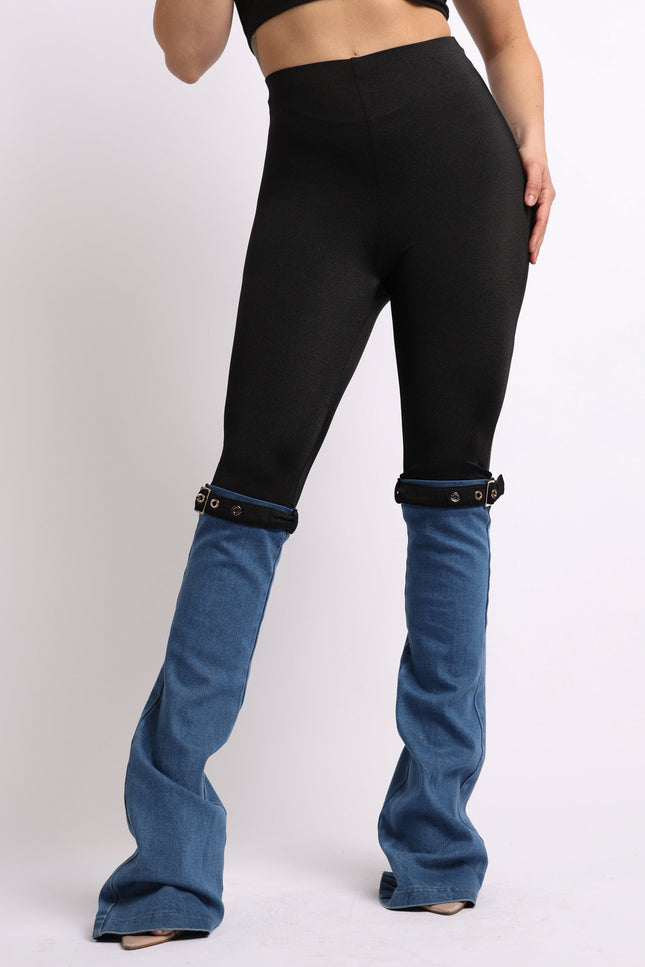 Buckle Detailed Denim Contrast Pants - Muvin 