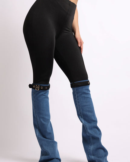 Buckle Detailed Denim Contrast Pants - Muvin 