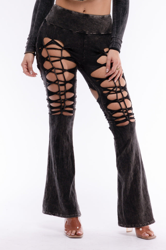 CUT AND TIE MINERAL WASH FLARED PANTS - Muvin 