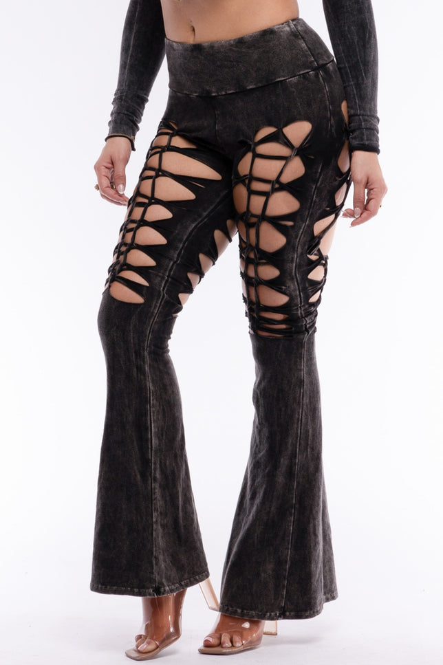 CUT AND TIE MINERAL WASH FLARED PANTS - Muvin 
