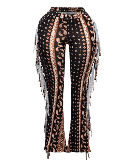 Boho printed flared pant with fringe detail - Muvin 