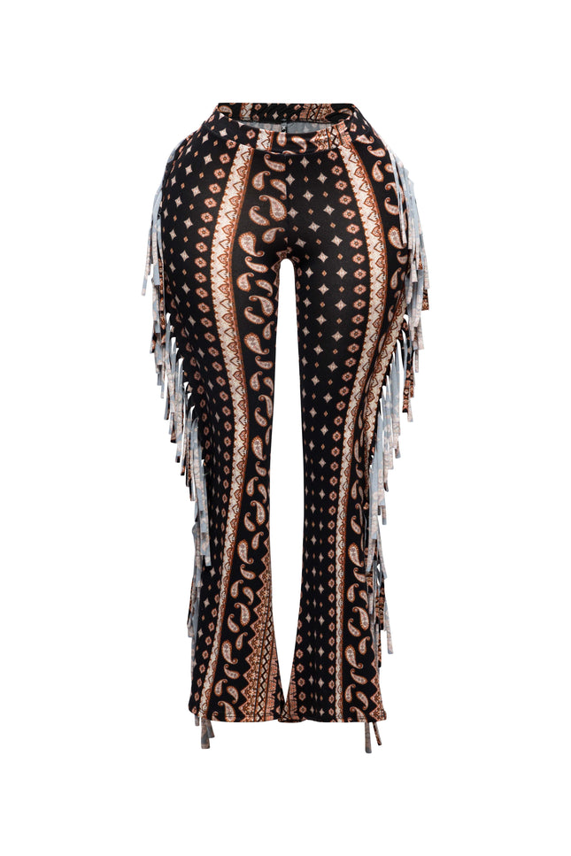 Boho printed flared pant with fringe detail - Muvin 