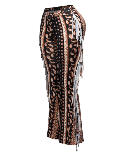 Boho printed flared pant with fringe detail - Muvin 