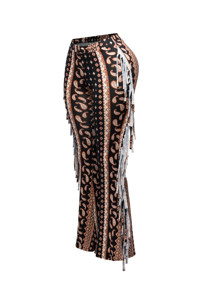 Boho printed flared pant with fringe detail - Muvin 