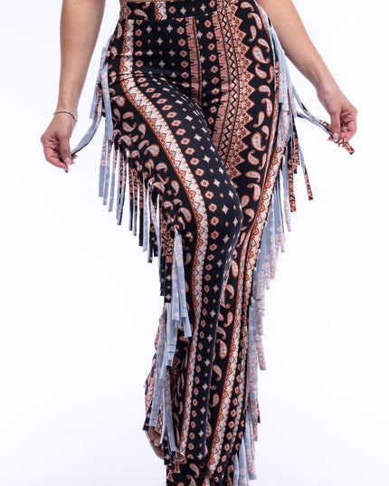 Boho printed flared pant with fringe detail - Muvin 