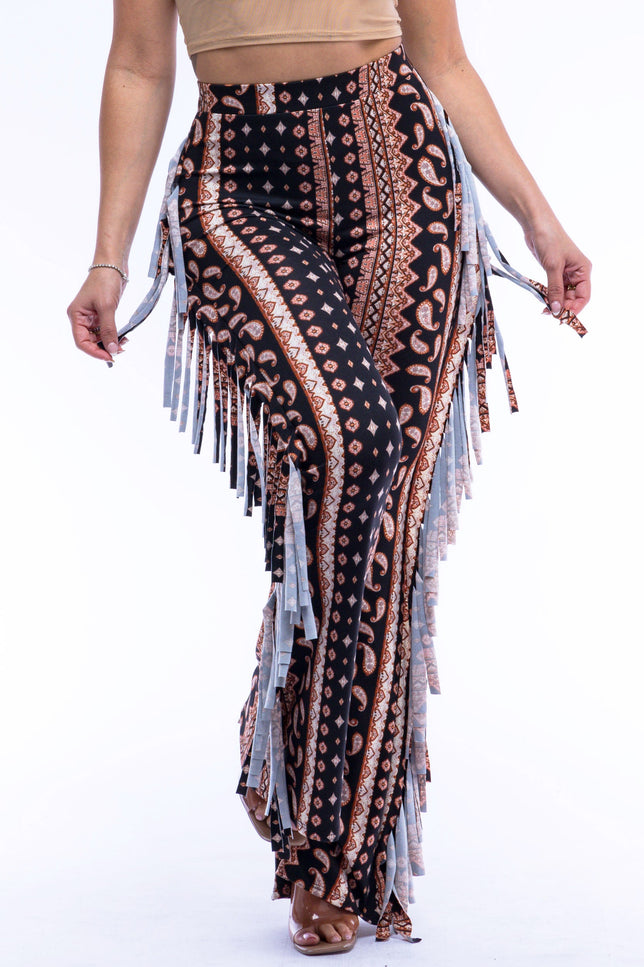 Boho printed flared pant with fringe detail - Muvin 