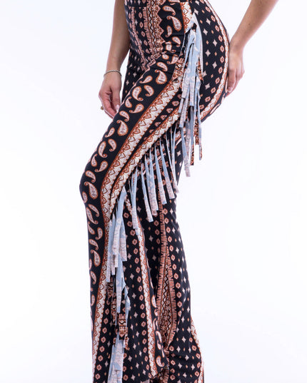 Boho printed flared pant with fringe detail - Muvin 