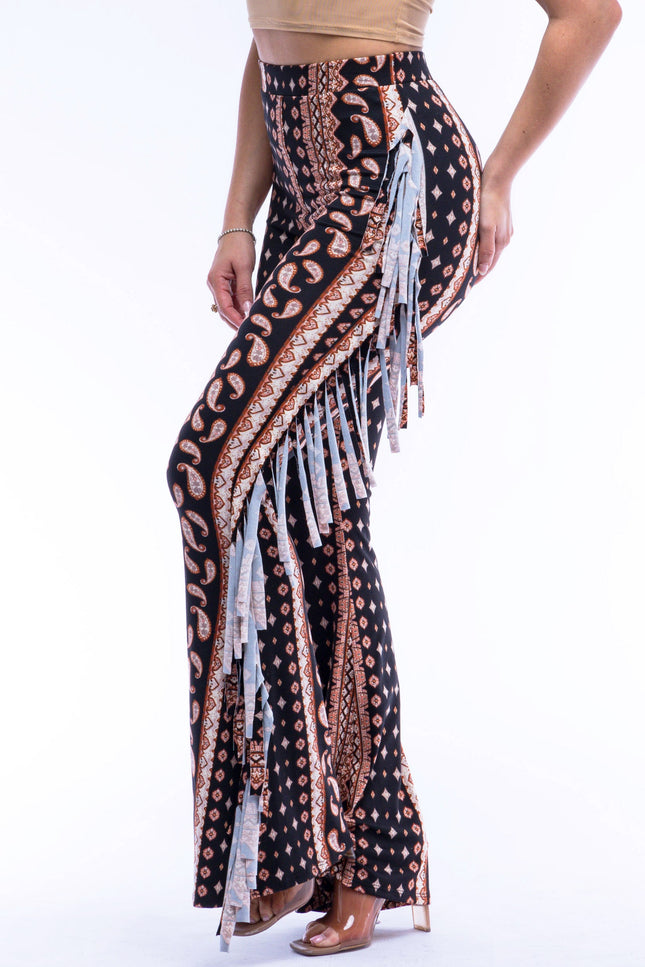 Boho printed flared pant with fringe detail - Muvin 