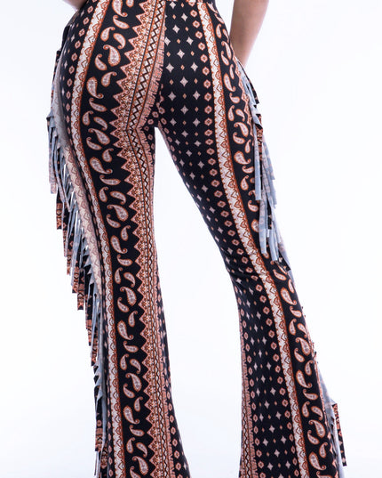 Boho printed flared pant with fringe detail - Muvin 