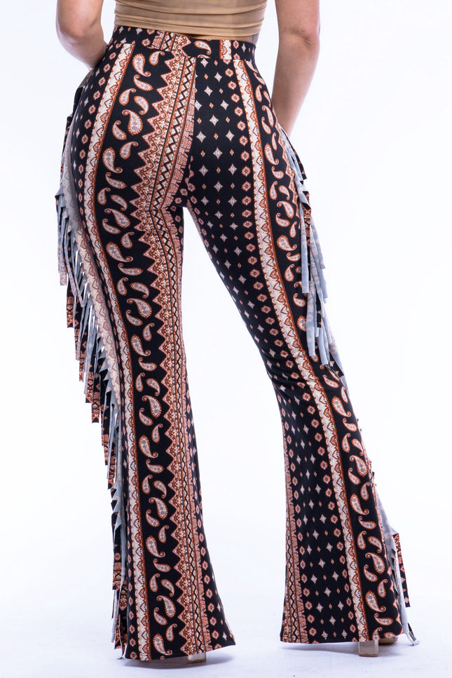 Boho printed flared pant with fringe detail - Muvin 
