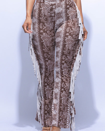 Boho printed flared pant with fringe detail - Muvin 