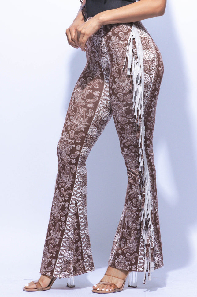 Boho printed flared pant with fringe detail - Muvin 