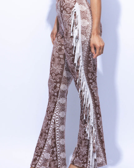 Boho printed flared pant with fringe detail - Muvin 