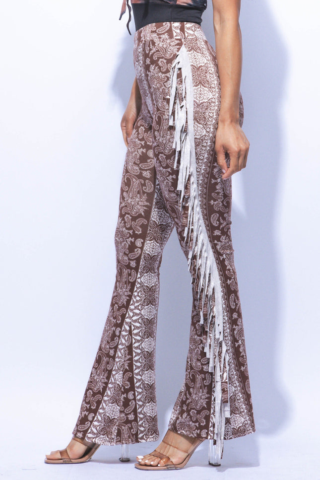 Boho printed flared pant with fringe detail - Muvin 