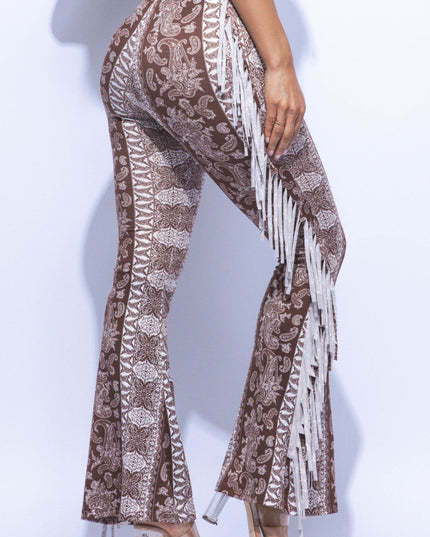 Boho printed flared pant with fringe detail - Muvin 