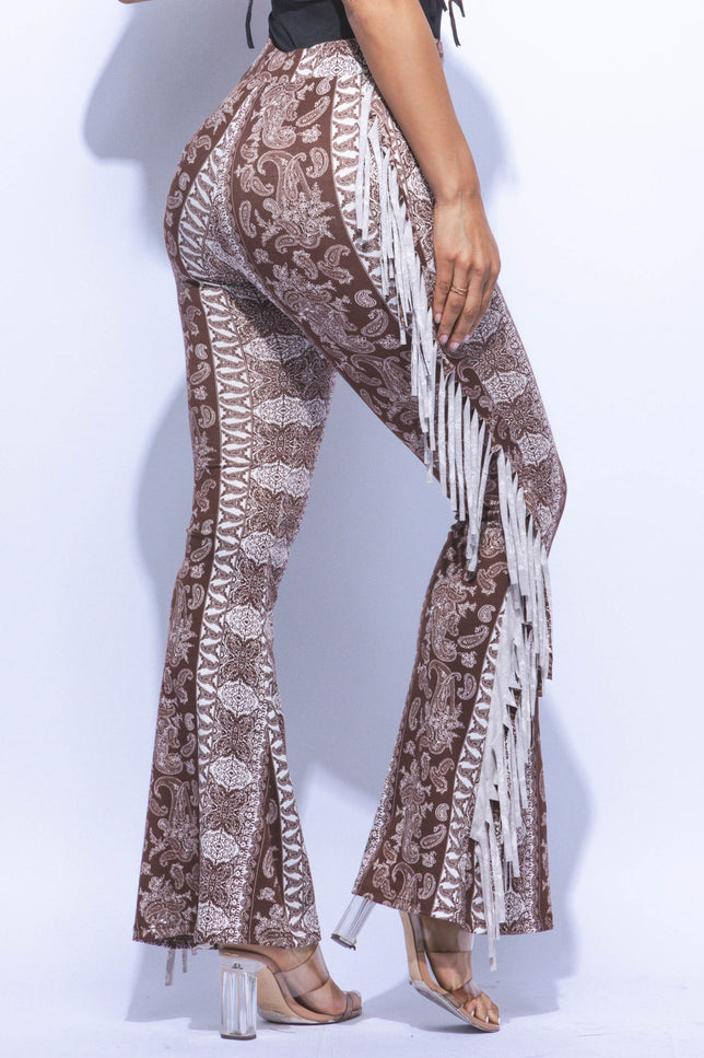 Boho printed flared pant with fringe detail - Muvin 
