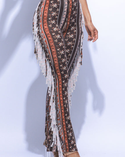 Boho printed flared pant with fringe detail - Muvin 
