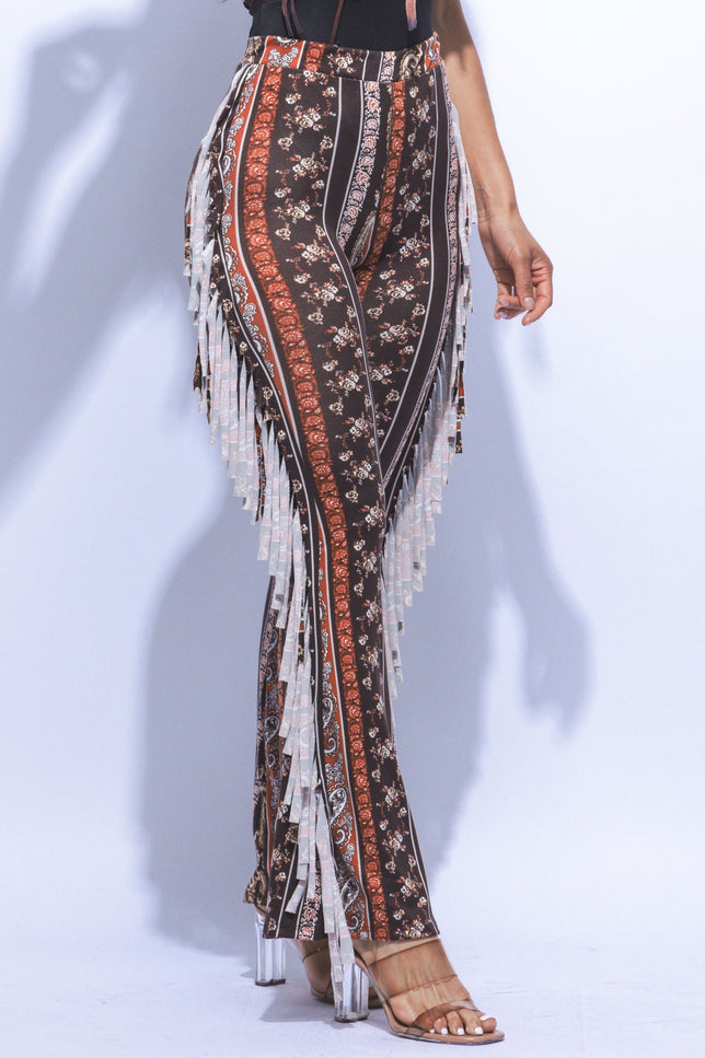 Boho printed flared pant with fringe detail - Muvin 