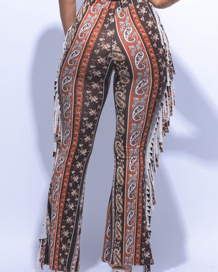 Boho printed flared pant with fringe detail - Muvin 