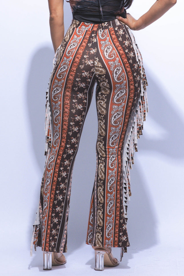 Boho printed flared pant with fringe detail - Muvin 