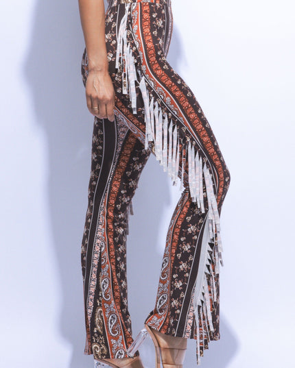 Boho printed flared pant with fringe detail - Muvin 