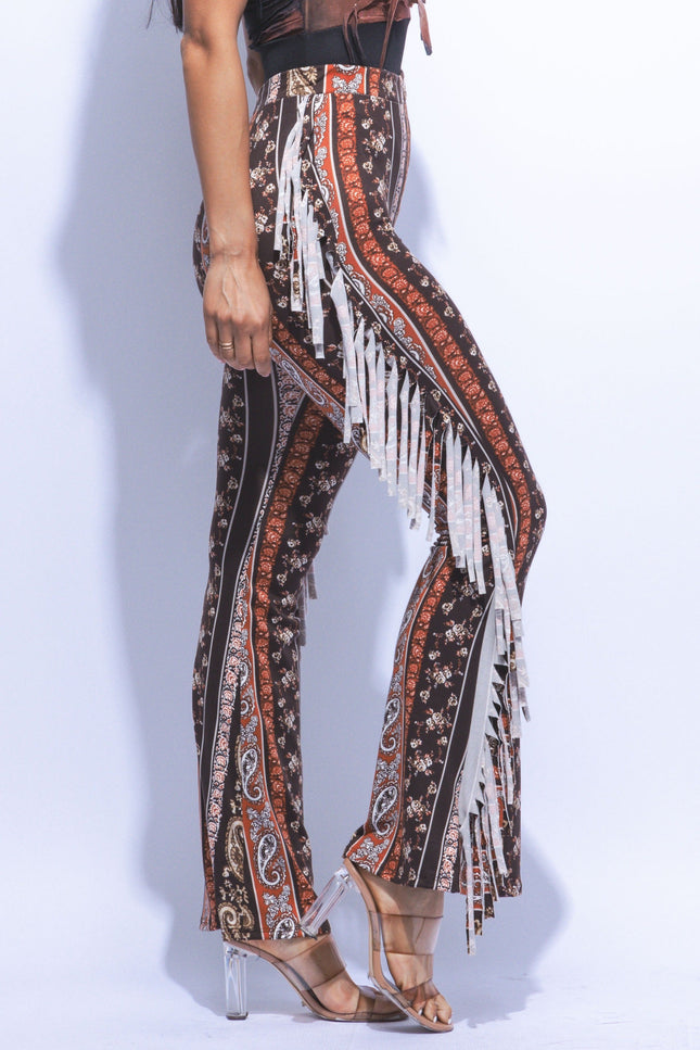Boho printed flared pant with fringe detail - Muvin 