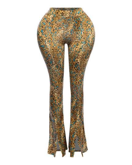 Foiled animal printed slit hem flared pants - Muvin 