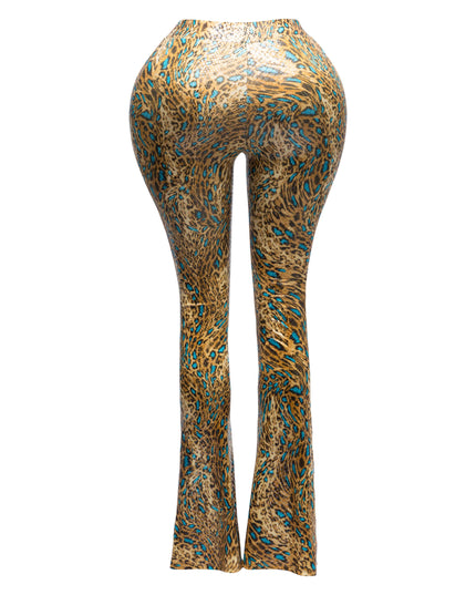 Foiled animal printed slit hem flared pants - Muvin 