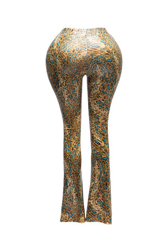 Foiled animal printed slit hem flared pants - Muvin 