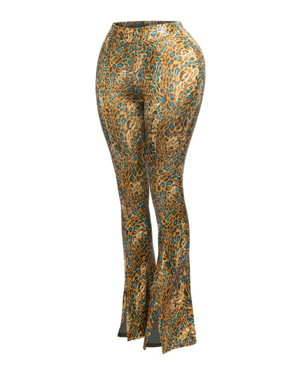 Foiled animal printed slit hem flared pants - Muvin 