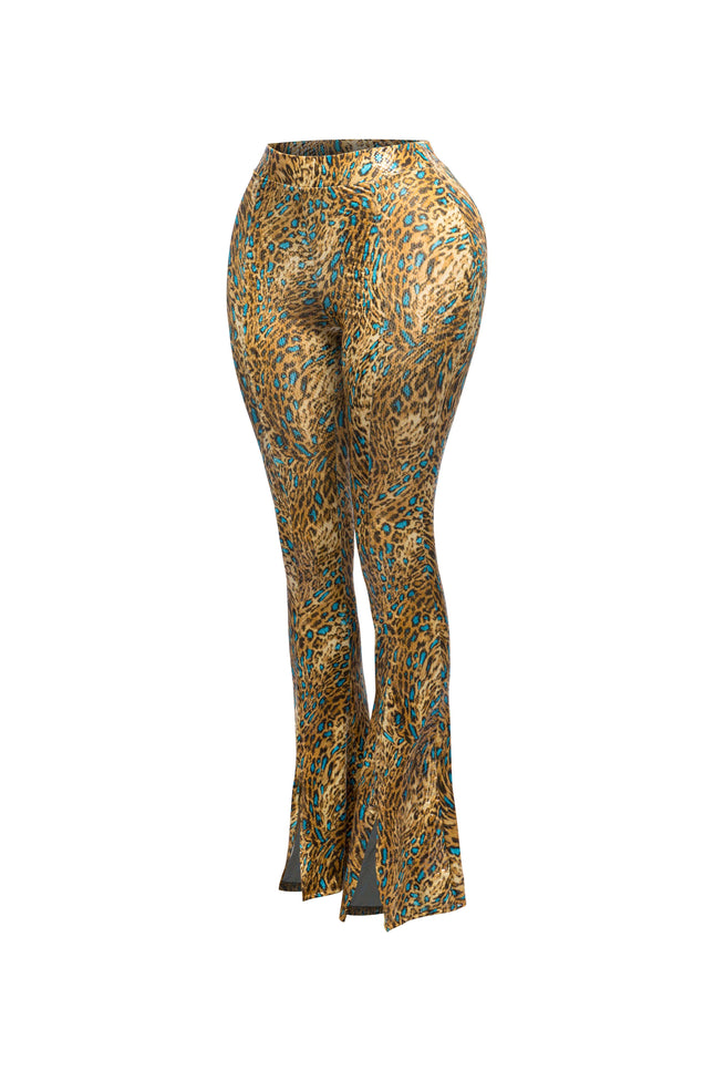 Foiled animal printed slit hem flared pants - Muvin 