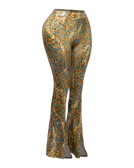 Foiled animal printed slit hem flared pants - Muvin 