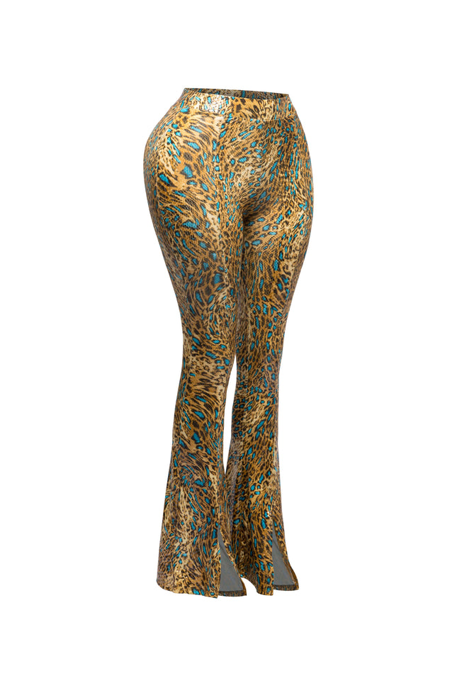 Foiled animal printed slit hem flared pants - Muvin 