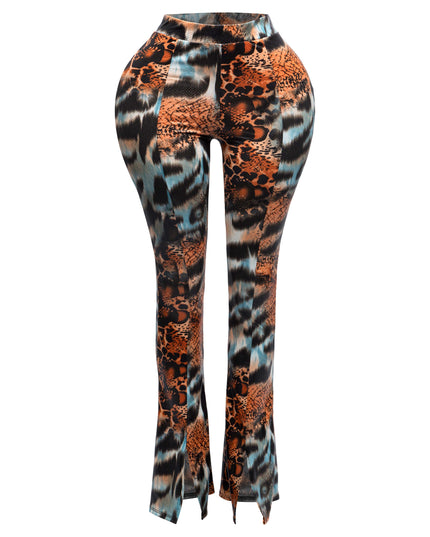 Foiled animal printed slit hem flared pants - Muvin 