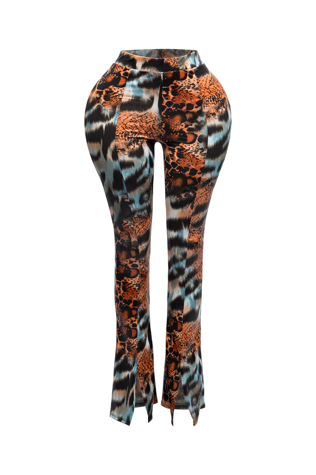 Foiled animal printed slit hem flared pants - Muvin 