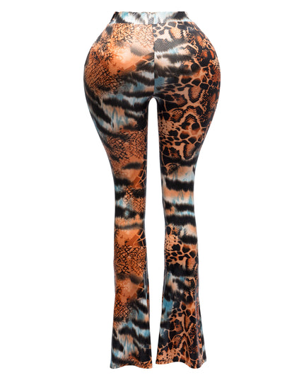 Foiled animal printed slit hem flared pants - Muvin 