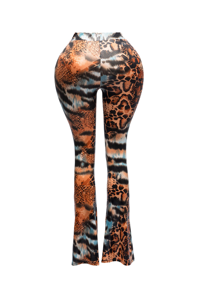 Foiled animal printed slit hem flared pants - Muvin 