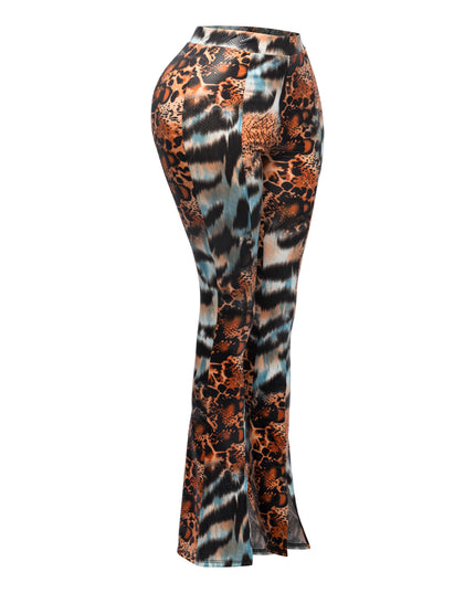 Foiled animal printed slit hem flared pants - Muvin 