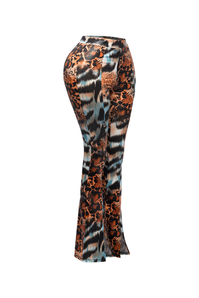 Foiled animal printed slit hem flared pants - Muvin 