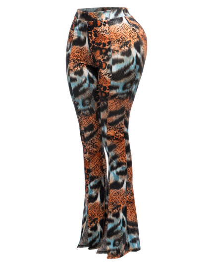 Foiled animal printed slit hem flared pants - Muvin 