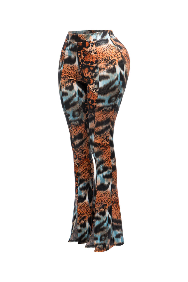 Foiled animal printed slit hem flared pants - Muvin 