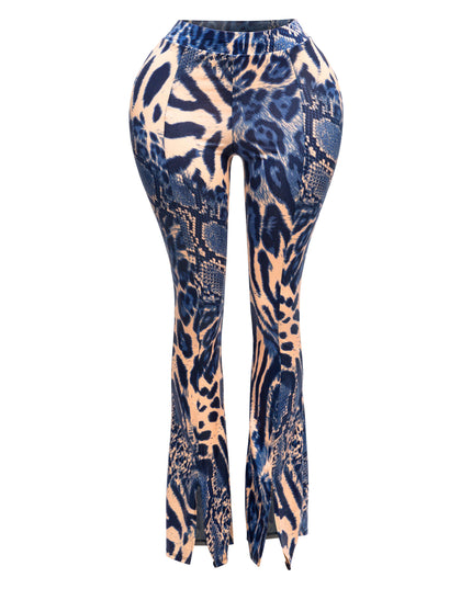 Foiled animal printed slit hem flared pants - Muvin 