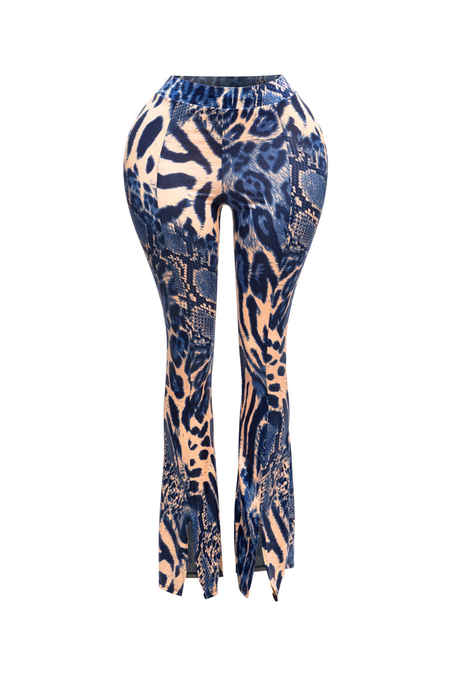 Foiled animal printed slit hem flared pants - Muvin 