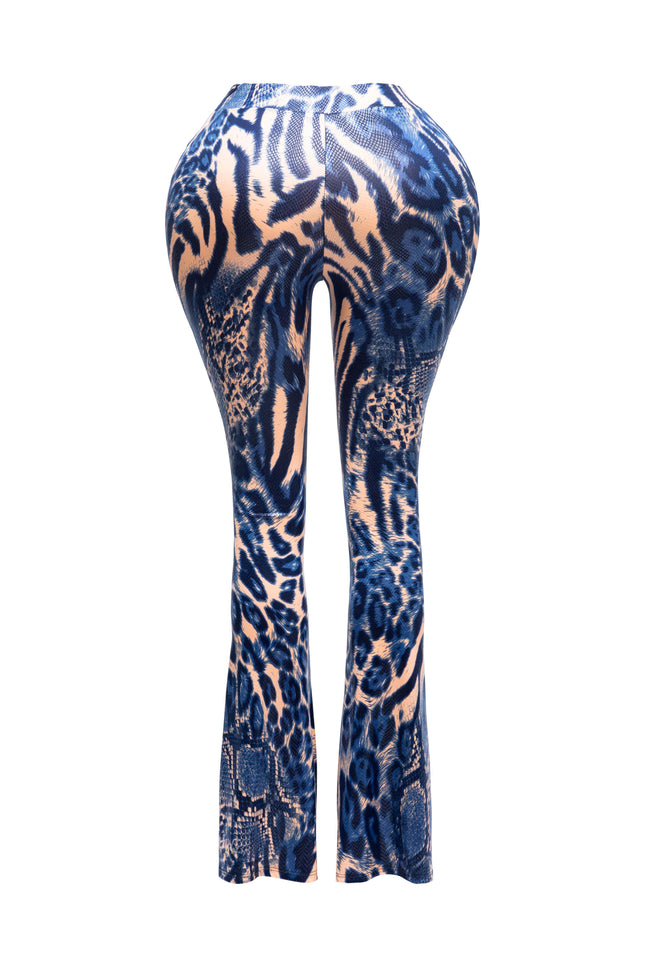 Foiled animal printed slit hem flared pants - Muvin 