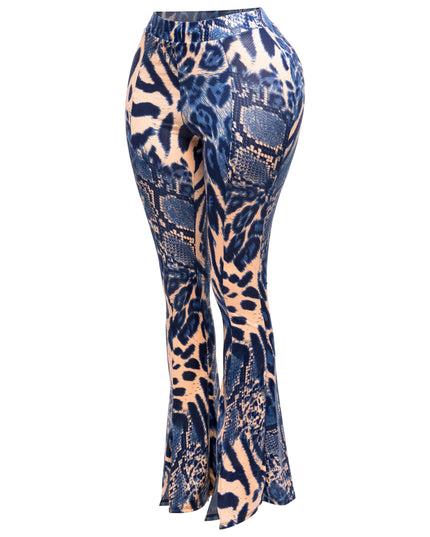 Foiled animal printed slit hem flared pants - Muvin 