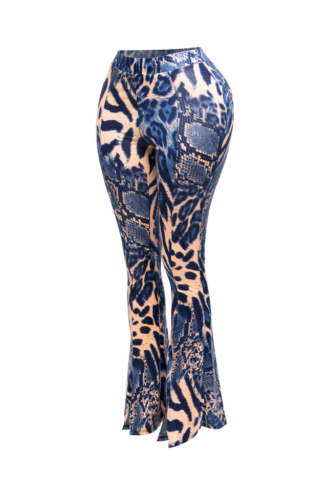 Foiled animal printed slit hem flared pants - Muvin 