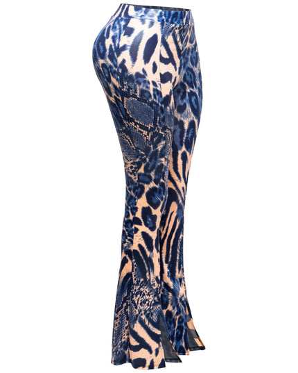 Foiled animal printed slit hem flared pants - Muvin 